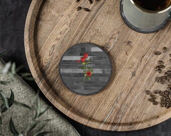 Rose on Wood Table Coasters