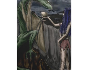 Elf Woman Offering Mothers Egg to Dragon Canvas