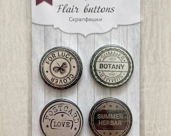 Fabrika Decoru Summer Botanical Story flat back flair buttons, Scrapbooking embellishments, Flairs, Junk journal decor, Metal craft badges