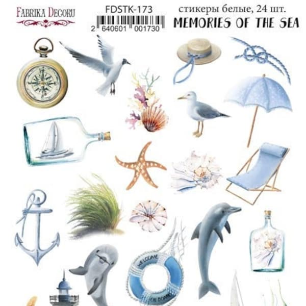 Fabrika Decoru "Memories of the sea" stickers sheet, Nautical stickers for planners, Blue ocean sticker kit for scrapbooking