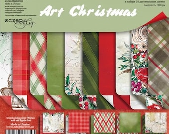 ScrapMir Art Christmas 8x8 scrapbook paper pad, Red and green scrapbooking paper pack, New Year double sided paper, Winter junk journal kit