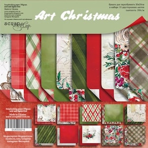 ScrapMir Art Christmas 8x8 scrapbook paper pad, Red and green scrapbooking paper pack, New Year double sided paper, Winter junk journal kit