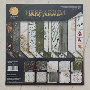 ScrapMir Herbarium Wild summer 12x12 paper pad, Botanical paper pad 12x12, Herbal paper kit, Green scrapbook paper pack