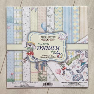 Fabrika Decoru, Pack de papiers de scrapbooking "My little mousy boy", 12 x 12 feuilles recto-verso, Mignons motifs pastel souris et Papiers de scrapbooking