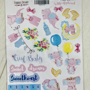 Fabrika Decoru Feuille d'autocollants « Le petit éléphant », autocollants agenda bébé fille, autocollants scrapbooking et fabrication de cartes, autocollants animaux mignons