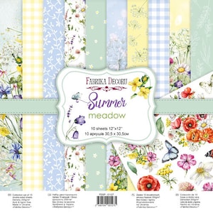 Fabrika Decoru Summer meadow 12x12 scrapbooking paper pad, Botanical scrapbook paper, Floral junk journal kit, Crafting paper pack