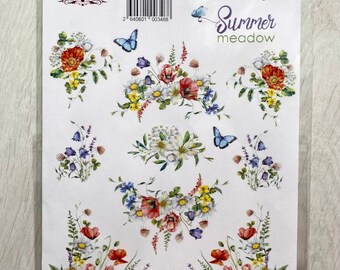 May include: A sheet of 11 white stickers featuring colorful floral designs with butterflies. The stickers are titled "Summer Meadow" and have a barcode and product code "FDSTK - 346".