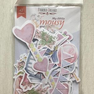Fabrika Decoru « My little mouse girl » éphémère découpée à l'emporte-pièce, 42 pièces de papier cartonné pastel pour le scrapbooking, décorations souris et embellissements en papier