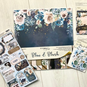 Wedding floral scrapbook album kit, Vintage ephemera pack, Junk journal kit, Scrapbook grab bag, ScrapMir Blue and blush collection