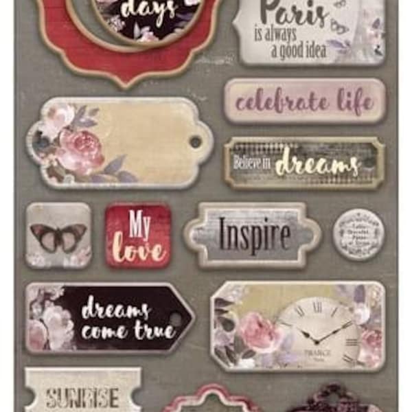 Chipboard elements for scrapbooking, Vintage ephemera pack, French style paper embellishments, ScrapMir Charming collection, Paper die cuts