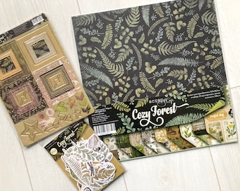Botanical scrapbook album kit, Green ephemera pack, Junk journal starter kit, ScrapMir Cozy forest collection, DIY scrapbook kits for adults