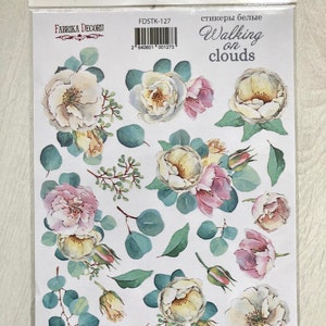 May include: A sheet of white stickers with watercolor illustrations of white and pink roses and eucalyptus leaves. The stickers are labeled "Walking on clouds" and "stickers белые".