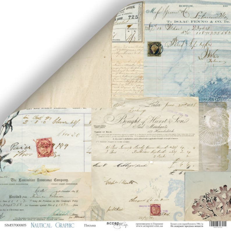 May include: A vintage-style scrapbook paper featuring a collage of old documents, handwritten notes, and a seashell. The paper has a distressed, aged look and includes the text "Brought of Hurst & Son Seed Merchants 252 Houndstitch".