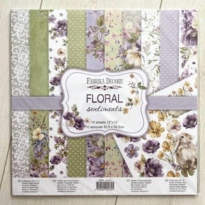 Bloc de papel para scrapbooking Floral Sentiments de Fabrika Decoru, color morado, 12 x 12, papel de diseño con flores de color lila para manualidades, papel para scrapbooking con motivos florales