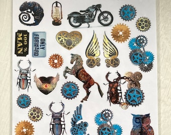 May include: A sheet of stickers featuring a variety of steampunk-themed designs, including gears, wings, insects, a horse, an owl, and motorcycles. The stickers are printed on white paper and have a glossy finish. The text "GRUNGE & MECHANICS" is printed at the top of the sheet.
