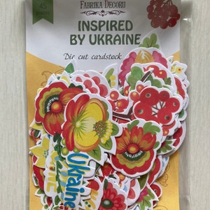 May include: A package of 45 die-cut cardstock stickers inspired by Ukrainian folk art. The stickers feature colorful flowers, berries, and the word "Ukraine" in blue lettering.