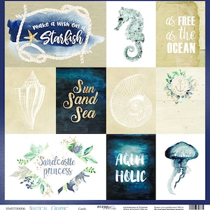 May include: A set of nine digital scrapbook paper designs featuring nautical themes. The papers feature a variety of colours, including blue, green, white, and gold. The designs include a starfish, a seahorse, a seashell, an anchor, a jellyfish, and text that says "make a wish on a starfish", "as free as the ocean", "sun sand sea", "sandcastle princess", and "aquaholic".