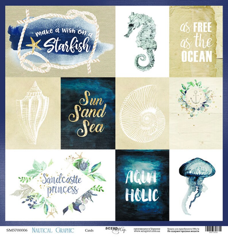 May include: A set of nine digital scrapbook paper designs featuring nautical themes. The papers feature a variety of colours, including blue, green, white, and gold. The designs include a starfish, a seahorse, a seashell, an anchor, a jellyfish, and text that says "make a wish on a starfish", "as free as the ocean", "sun sand sea", "sandcastle princess", and "aquaholic".