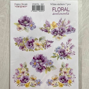 Stickervel Fabrika Decoru Floral Sentiments, violetbloesemstickers, lila plannerstickers, scrapbookversieringen, penvriendstickers