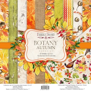 Fabrika Decoru Botany automne 12x12 paper pad pour scrapbooking, papier botanique NON DIGITAL, pack papier double face, papier Orange