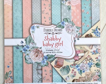 Baby girl scrapbooking paper pad 12x12, NON DIGITAL shabby chic paper pack, Double sided papers, Fabrika Decoru Shabby baby girl collection