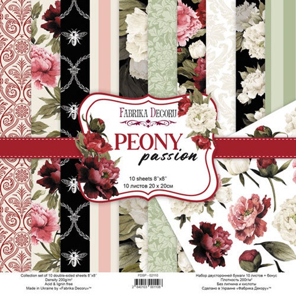 Fabrika Decoru "Pfingstrose Leidenschaft" 8x8 Papierblock, Hochzeit florales Scrapbook Papier Pack, doppelseitiges Papier zum Basteln, Scrapbooking Album Kit