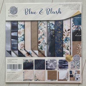 Blue floral scrapbook paper pack, Wedding paper pad 12x12, Scrapbook album kit, ScrapMir Blue and blush, Scrapbooking set, Decorative paper