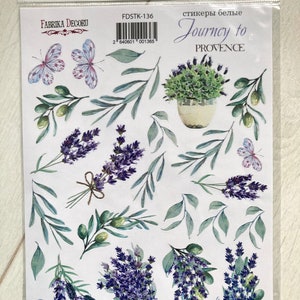 Folha de adesivos de aquarela de lavanda, adesivos Fabrika Decoru Journey to Provence, adesivos roxos, adesivos estilo vintage para scrapbooking