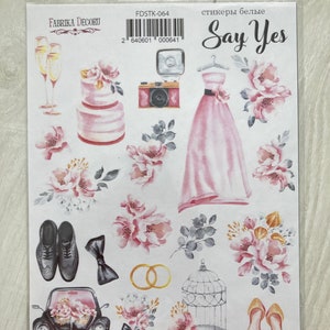 Pegatinas para planificadores de bodas, Hoja de pegatinas de acuarela, Colección Say Yes de Fabrika Decoru, Pegatinas de boda para álbumes de recortes, Pegatinas de novia