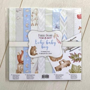 Papel para manualidades, bloc de papel para scrapbooking de 8 x 8 "Boho baby boy" de Fabrika Decoru, paquete de papel de doble cara NO DIGITAL, kit Blue junk journal