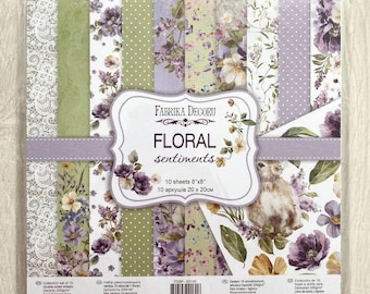 Fabrika Decoru Floral Sentiments paars scrapbookblok 8 x 8, lila bloesem designerpapier om te knutselen, scrapbook bloemenpapier