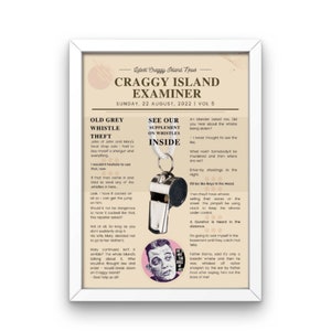 Craggy Island Examiner News from Father Ted about Old Grey Whistle Theft first page A4, great for an unique present for any fans of Fr Ted