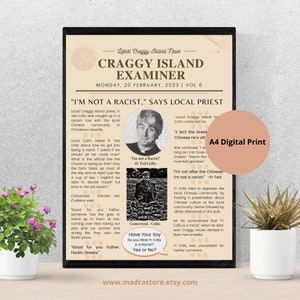Craggy Island Examiner News from Father Ted about I&#39;m not a Racist first page A4, great for an unique present for any fans of Fr Ted