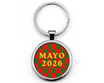 MAYO 2026 Round Stainless Steel Keychain | Checkered Red Green Date Pendant