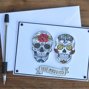 Schädel Hochzeitskarte - Sugar Skull Karte, Gothic Hochzeit, Karte für alternatives Paar, Just married Design, handgemachte Grußkarte, Tattoo