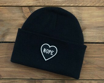 Heart Beanie Hat - Nope unisex beanie, Emo hat, Heart patch, Cute beanie, Alternative black hat, Gothic fashion accessories, Winter hat