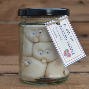 May include: A glass jar with a black lid, containing several off-white fabric figures with googly eyes. The jar is labelled "A Jar of Pickled People" with "Red Vessel Designs" on a small tag.
