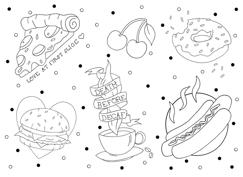 Junk Food Tattoo Colouring Sheet Digital Download Print at Etsy