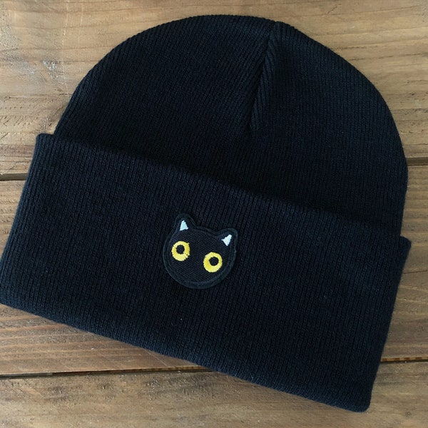 Cat Beanie Hat - Black cat design, Unisex beanie, Cat patch, Cute cat gift, Cat gift for women, Crazy cat lady gift, Black beanie hat, Meow