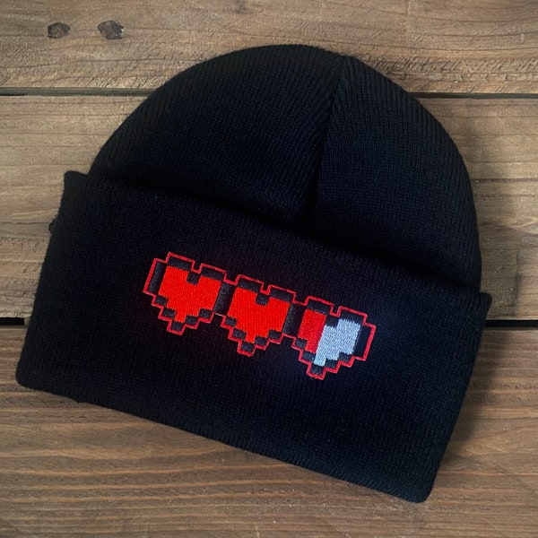 Gamer Beanie Hat - Unisex gaming beanie with lives heart embroidery patch, Black alternative beanie hat, Gaming gift for men