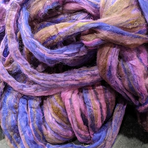 Sari Silk Roving, Recycled Sari Silk - Huckleberry