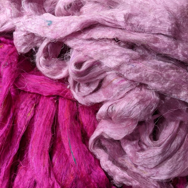 Sari Silk Roving, Recycled Sari Silk - Fuchsia and Lilac