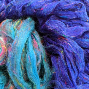 Sari Silk Roving, Recycled Sari Silk - Royal Blue & Blue Rainbow