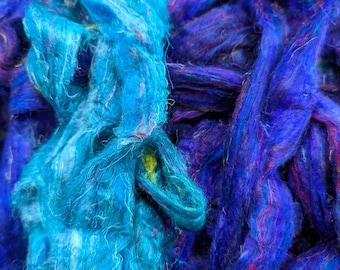 Sari Silk Roving, Recycled Sari Silk - Royal Blue & Blue Rainbow