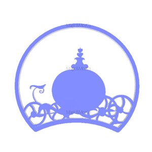 May include: A blue silhouette of a pumpkin carriage with a white outline. The carriage is surrounded by a white circle.
