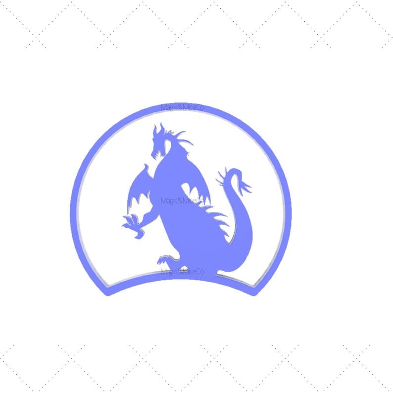 May include: A blue silhouette of a dragon with wings spread, inside a half-circle, against a white background.