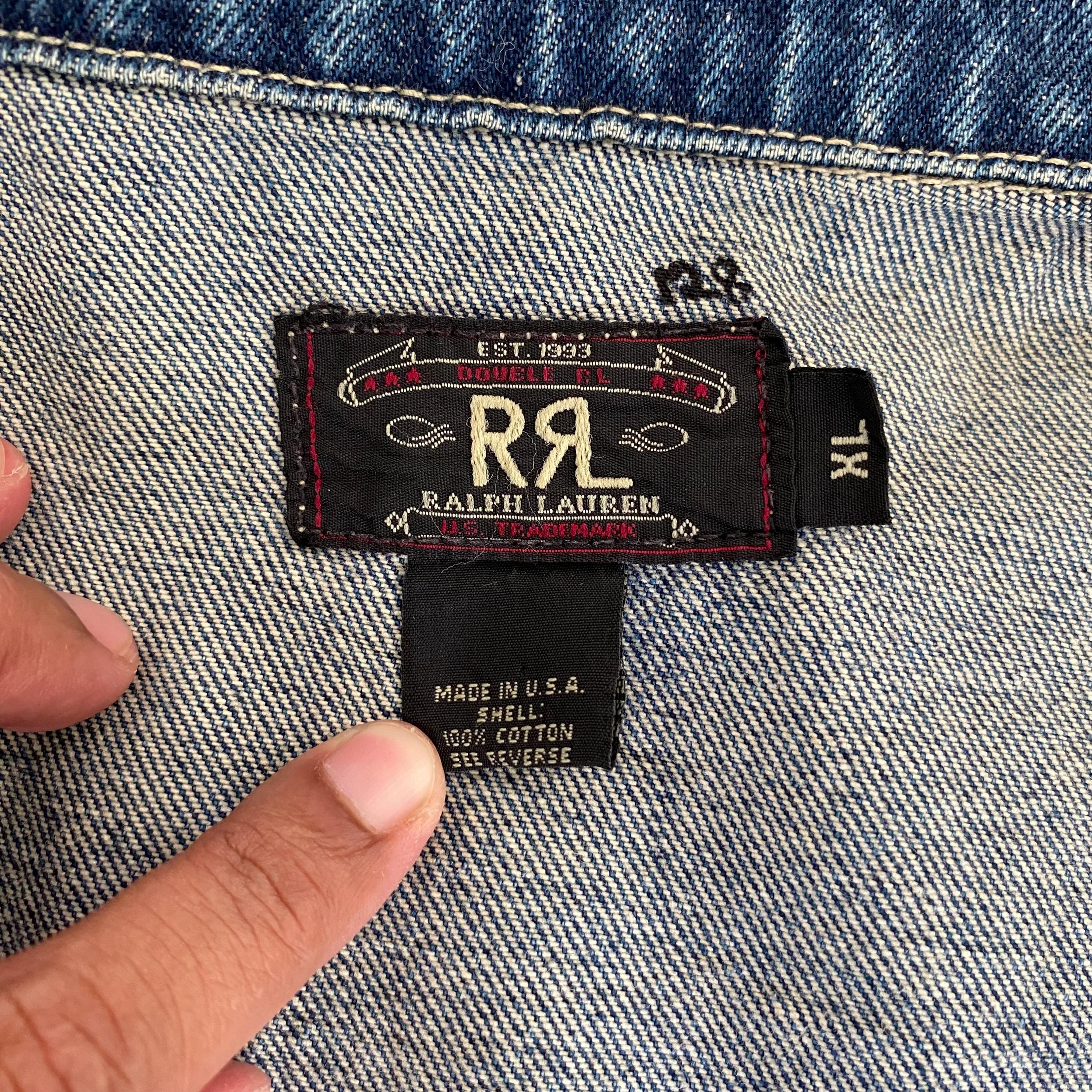 Vintage 90's RRL Ralph Lauren Buckle Back Pleated Denim Jacket XL