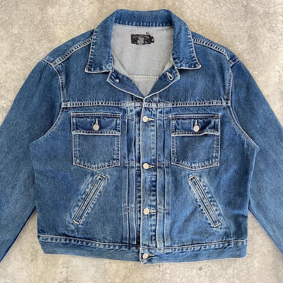 Vintage 90's RRL Ralph Lauren Buckle Back Pleated Denim Jacket XL