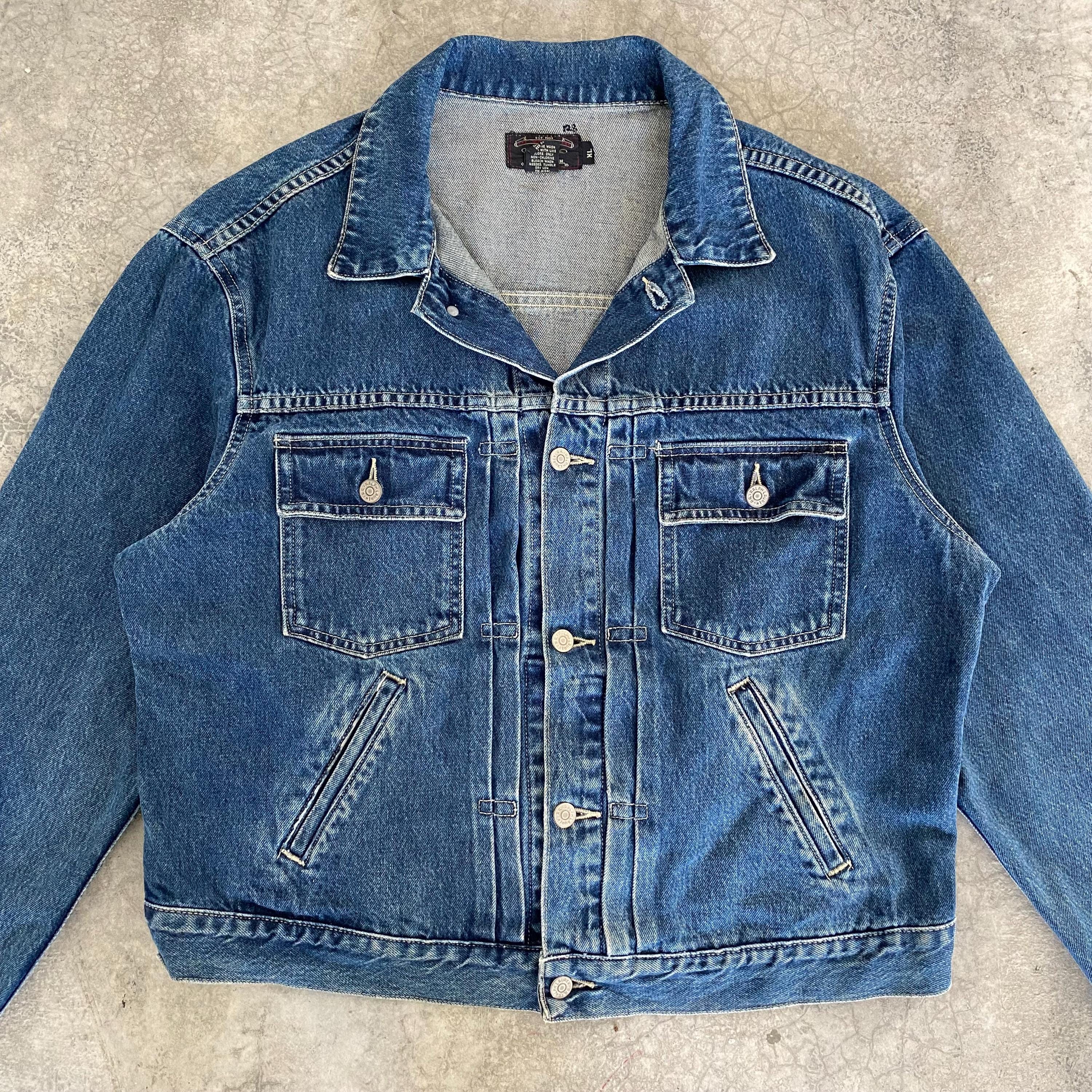 Vintage 90's RRL Ralph Lauren Buckle Back Pleated Denim Jacket XL