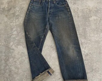 Size 29x28.5 Vintage 90’s Denime Orizzonti Japan Faded Muddy Blue Denim Selvedge Distressed Jeans
